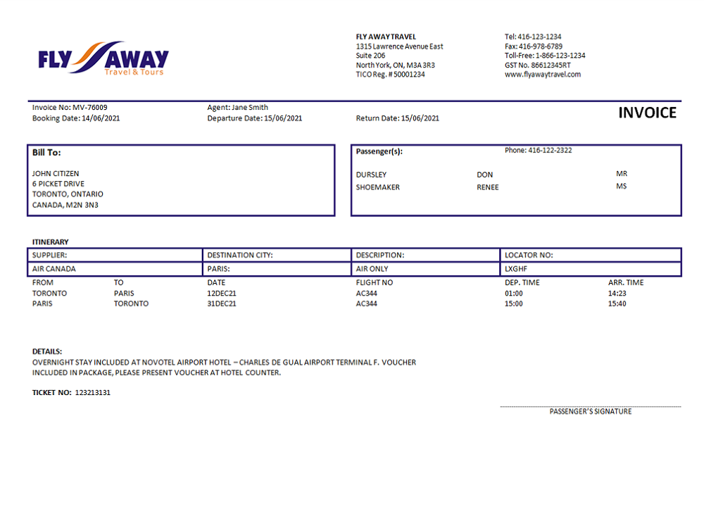 USA Fly Away Travel agency invoice PSD template